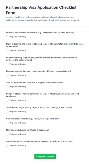 Partnership Visa Application Checklist Form Template