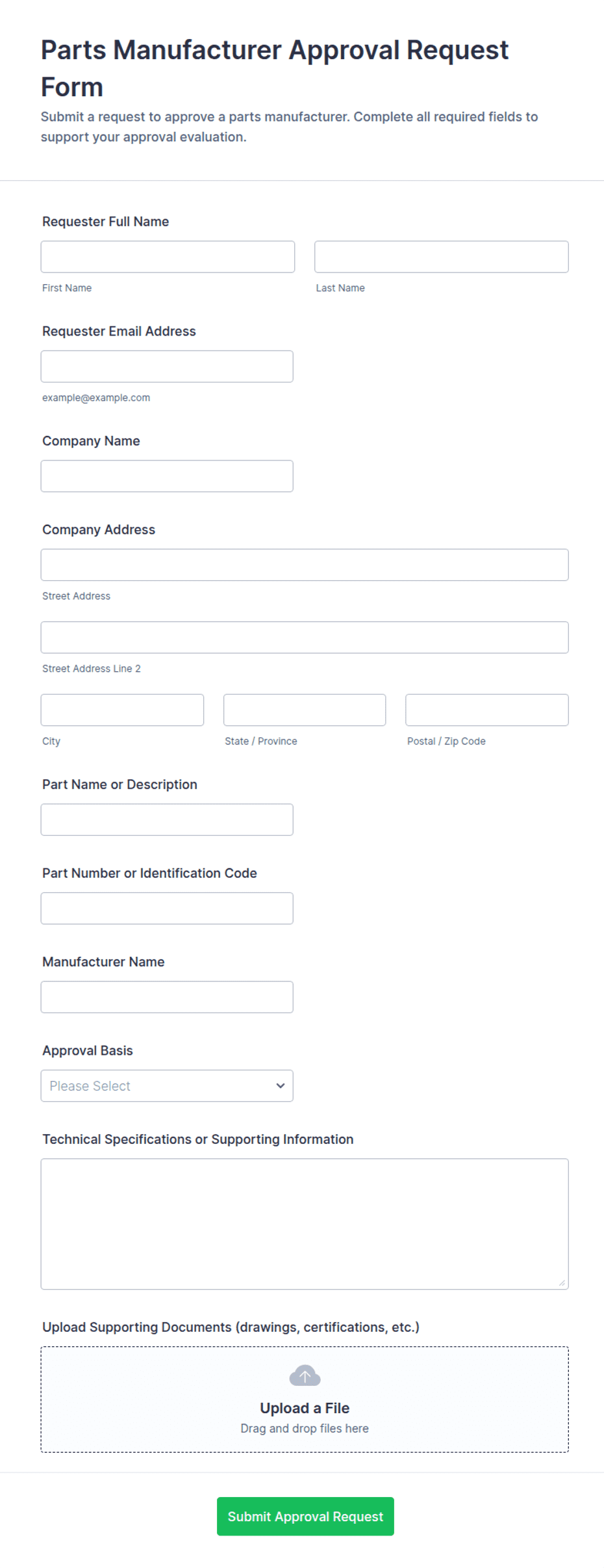 Parts Manufacturer Approval Request Form Template | Jotform