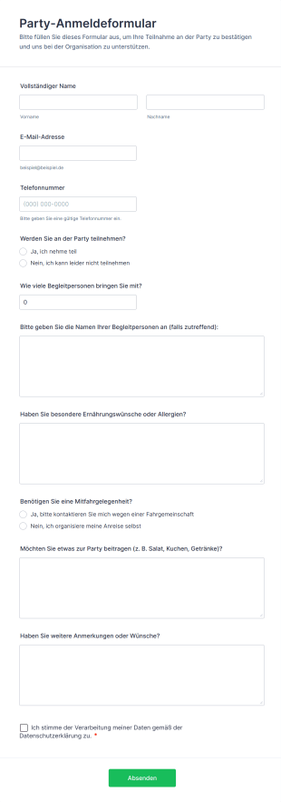 Party Anmeldeformular