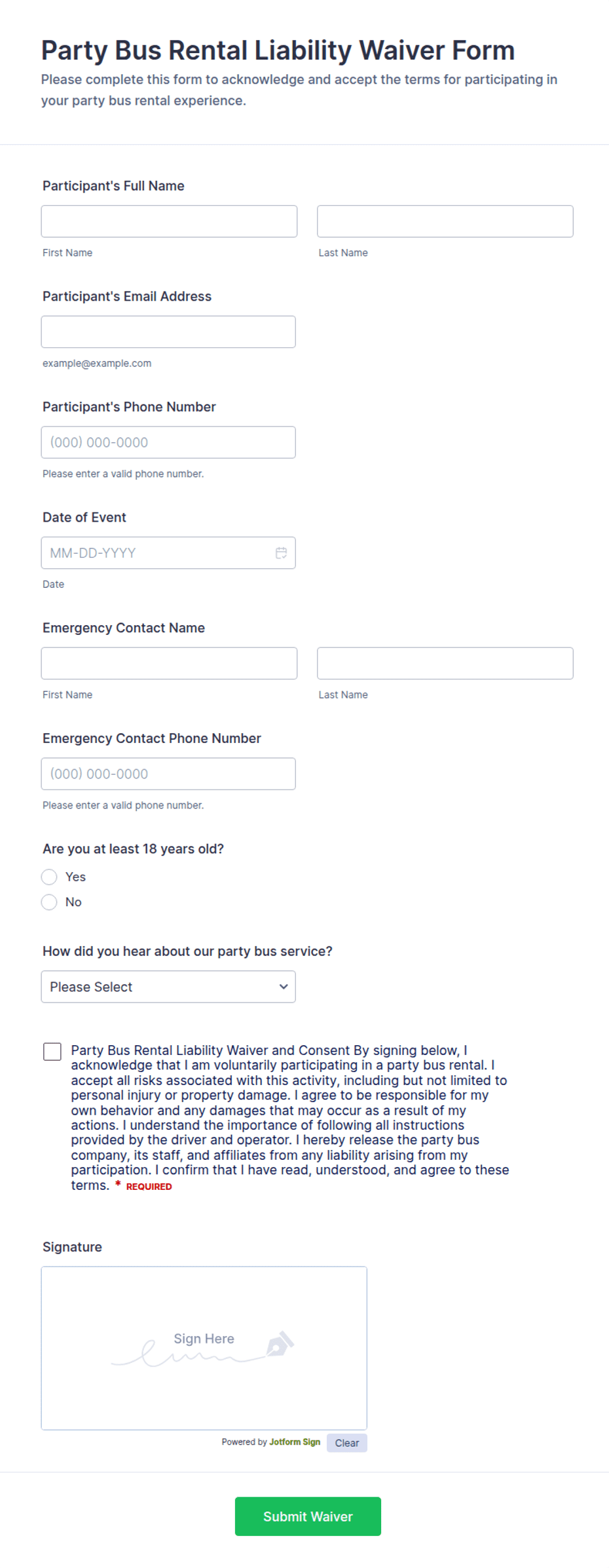Party Bus Rental Liability Waiver Form Template | Jotform