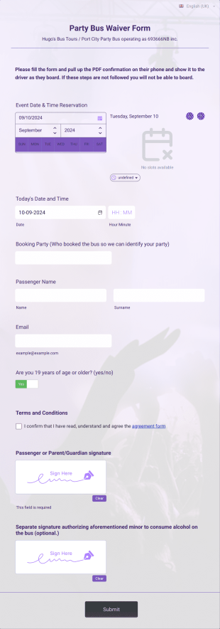 Party Bus Waiver Form Template