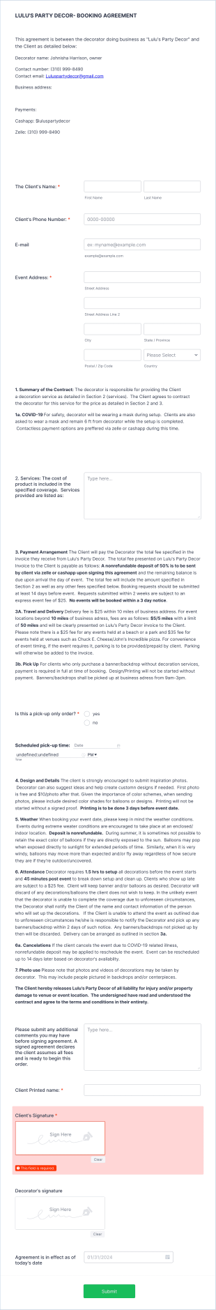 Party Decor Agreement Form Template