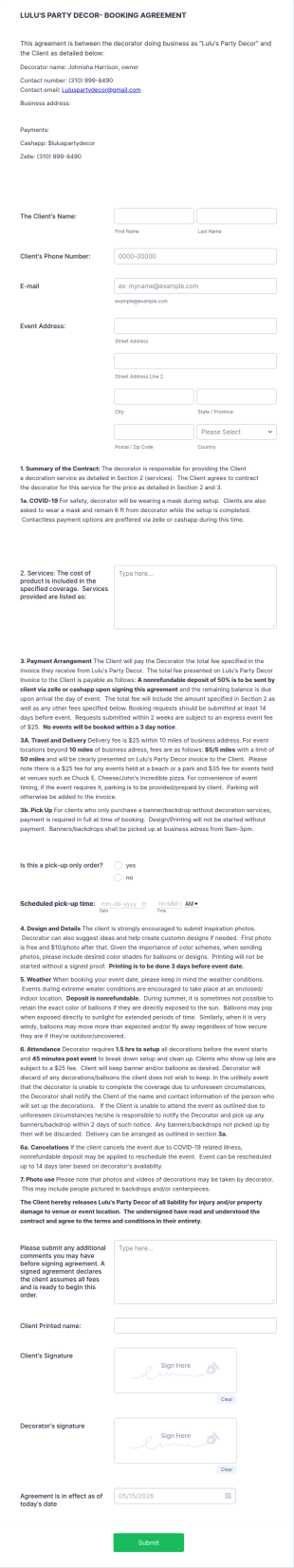 Party Decor Agreement Form Template