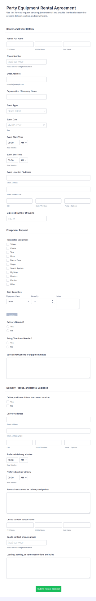 Party Equipment Rental Agreement Form Template