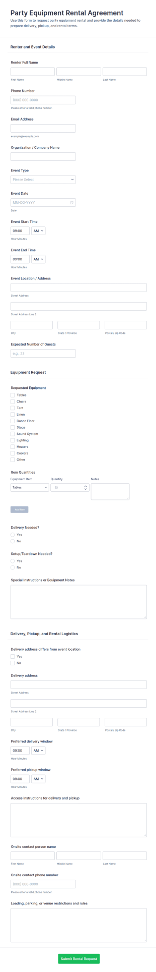 Party Equipment Rental Agreement Form Template