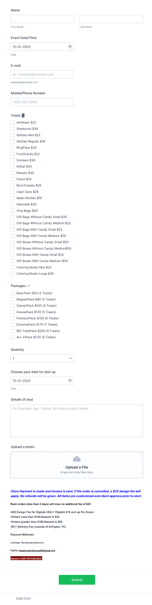 Party Favours Order Form Template