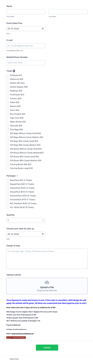Party Favours Order Form Template