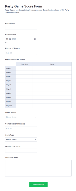 Party Game Score Form Template