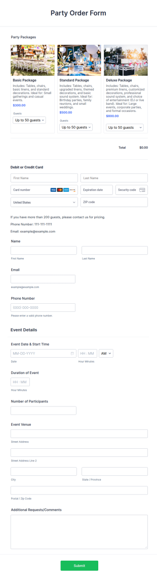 Party Order Form Template