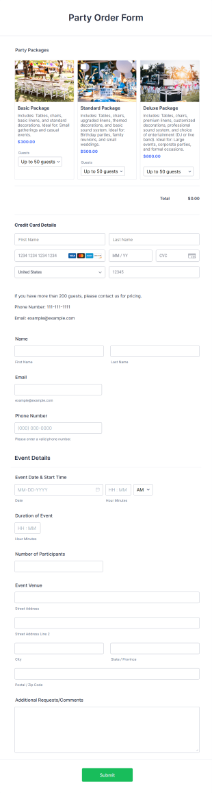 Party Order Form Template