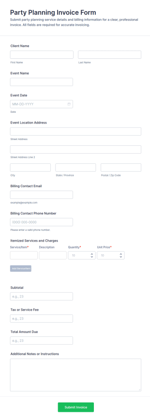 Party Planning Invoice Form Template