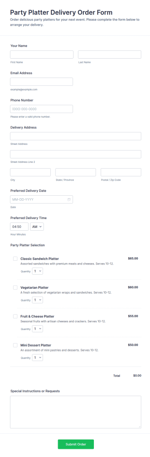 Party Platter Delivery Order Form Template