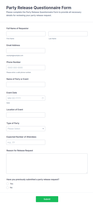 Party Release Questionnaire Form Template