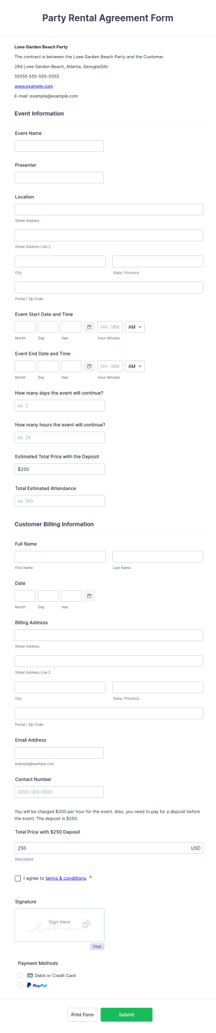 Party Rental Agreement Form Template