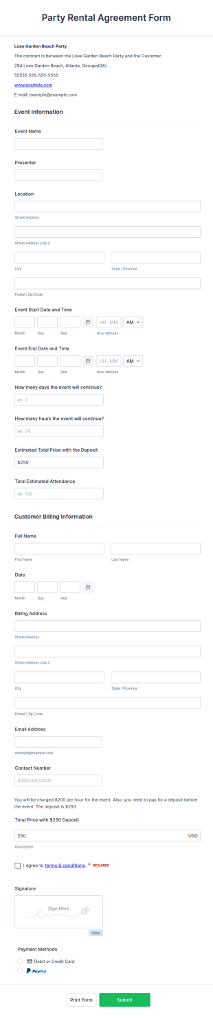Party Rental Agreement Form Template