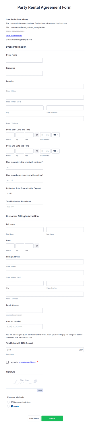 Party Rental Agreement Form Template