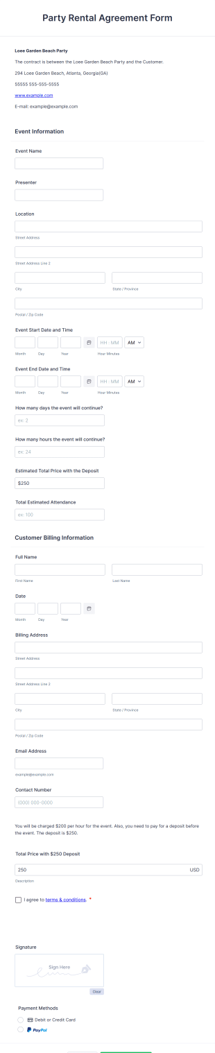 Party Rental Agreement Form Template