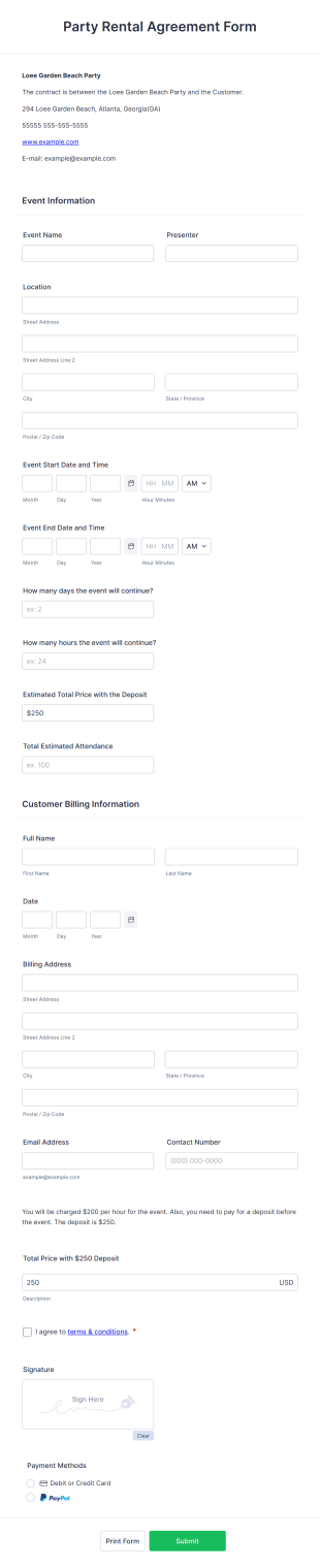 Party Rental Agreement Form Template