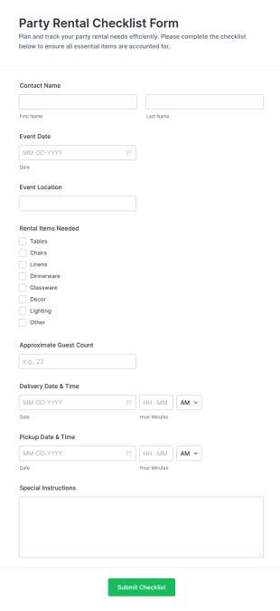 Party Rental Checklist Form Template
