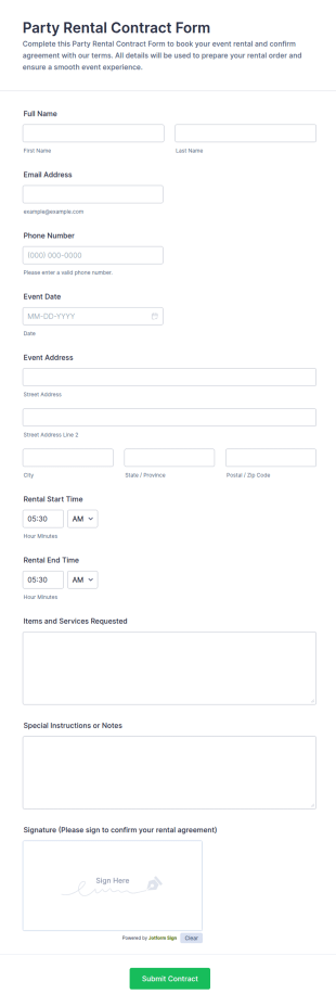Party Rental Contract Form Template
