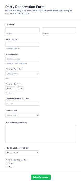 Party Reservation Form Template