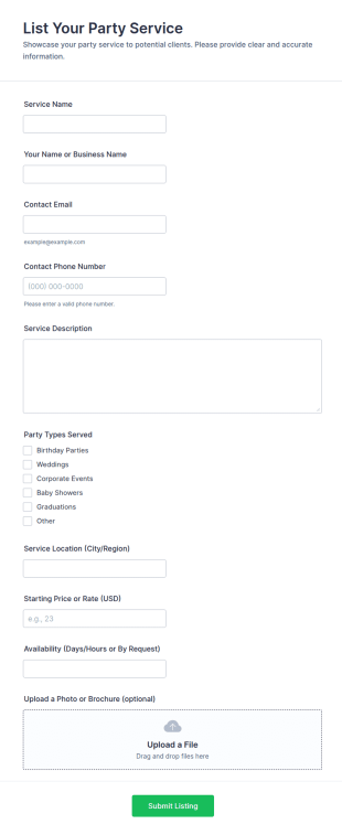Party Service Listing Form Template