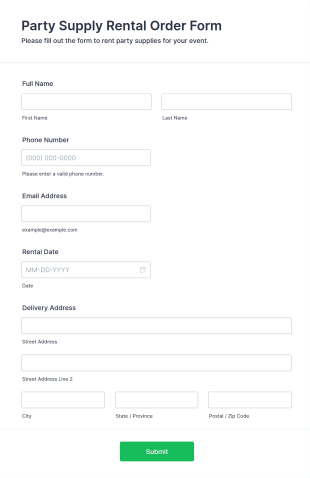 Party Supply Rental Order Form Template
