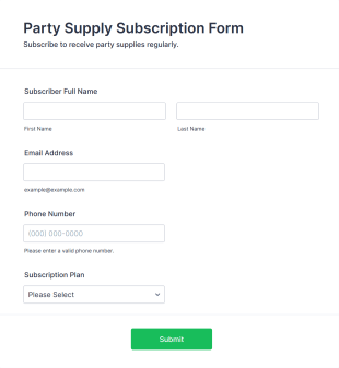Party Supply Subscription Form Template