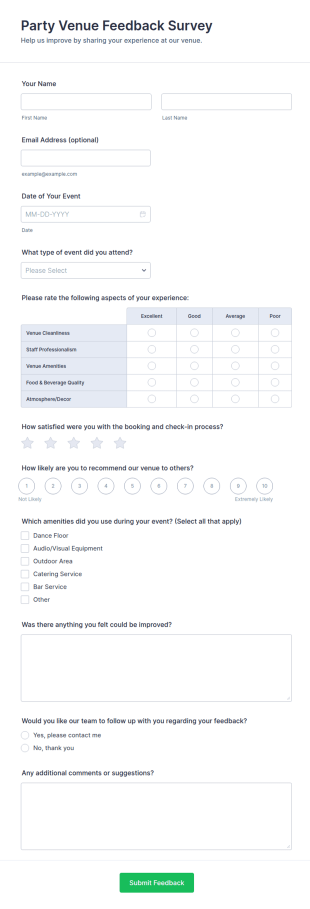 Party Venue Feedback Survey Form Template