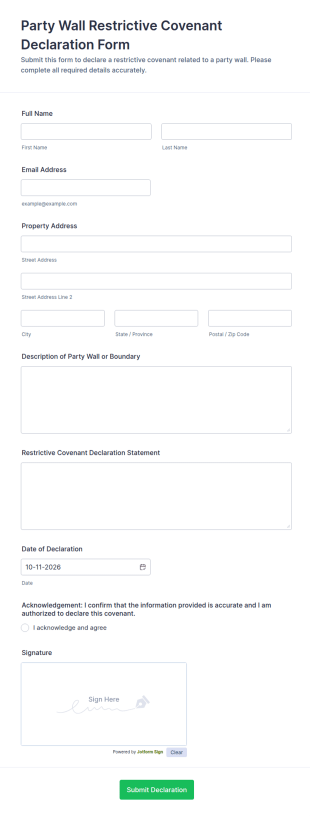 Party Wall Restrictive Covenant Declaration Form Template