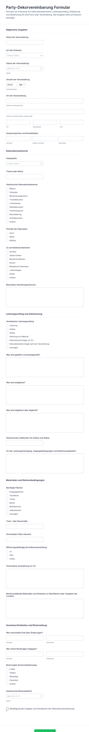 Partydekoration Vereinbarung Formular