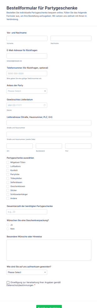 Partygeschenke Bestellformular
