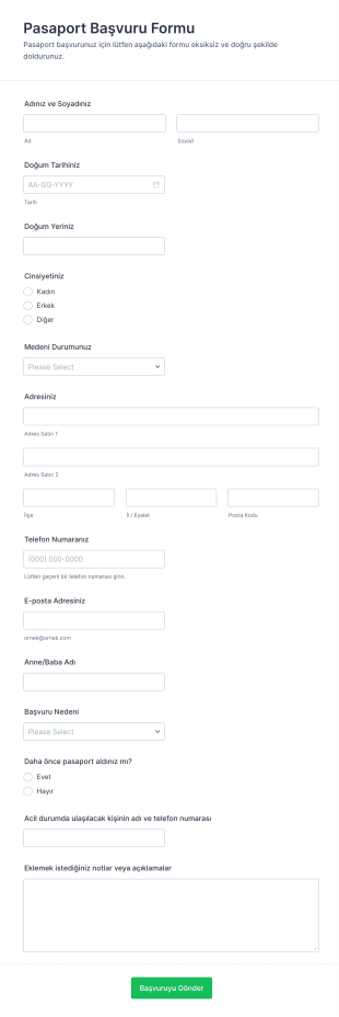 Pasaport Başvuru Form Şablonu