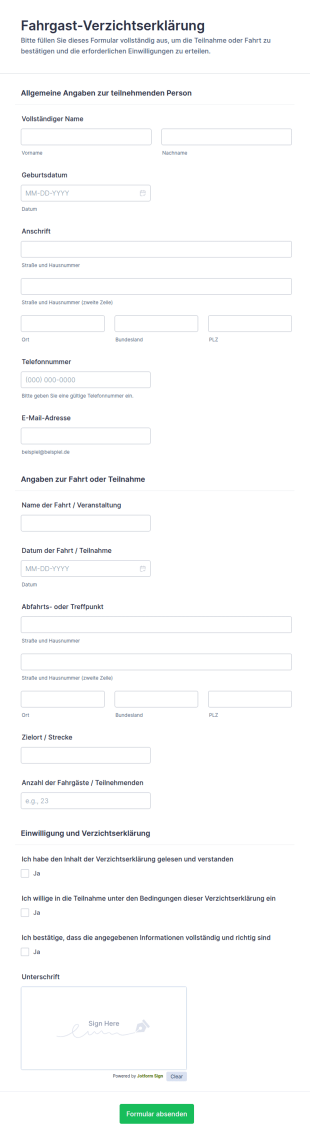Passagier Verzichtserklärung Formular