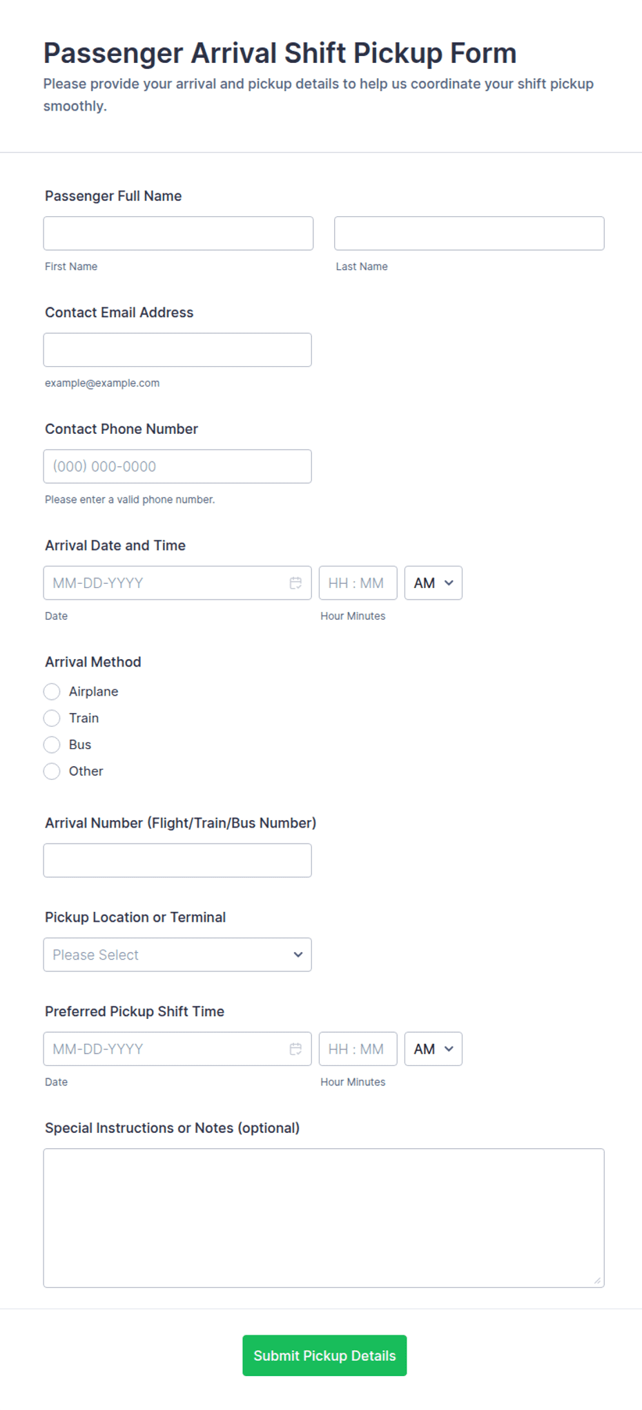 Group Arrival Format Passenger Arrival Shift Pickup Form Template | Jotform