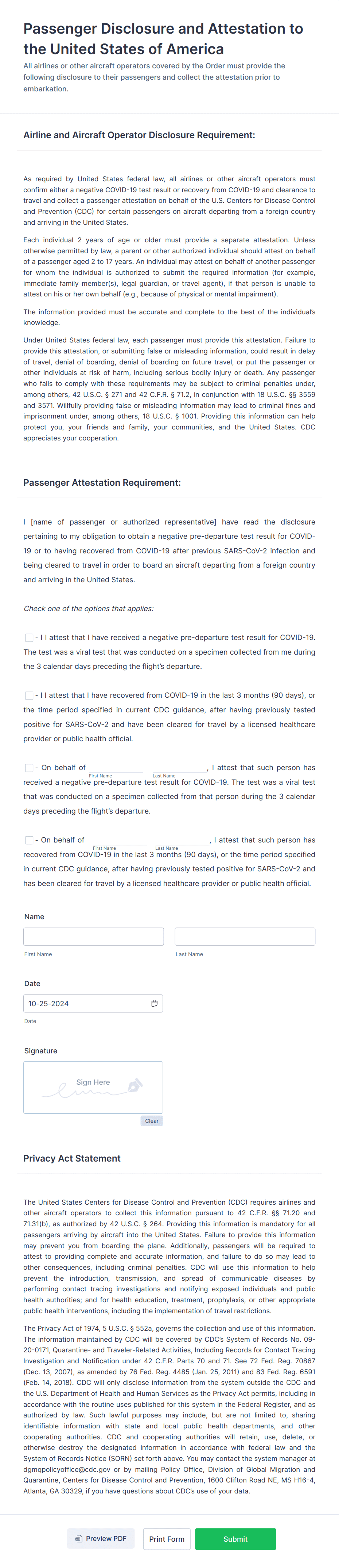 Passenger Disclosure And Attestation To The United States Of America ...