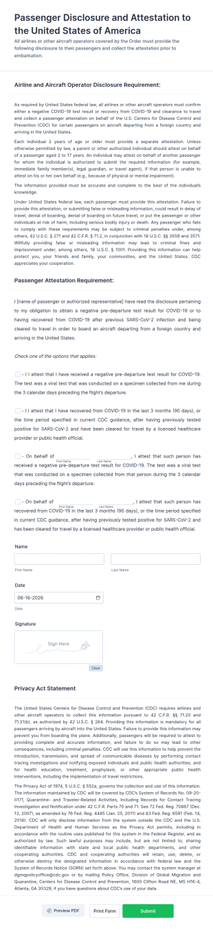 Passenger Disclosure And Attestation To The United States Of America Form Template