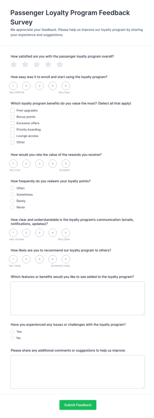 Passenger Loyalty Program Feedback Survey Form Template