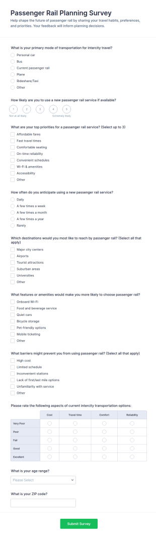 Passenger Rail Planning Survey Form Template
