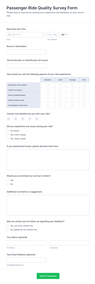 Passenger Ride Quality Survey Form Template