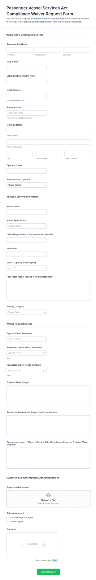 Passenger Vessel Services Act Compliance Waiver Request Form Template