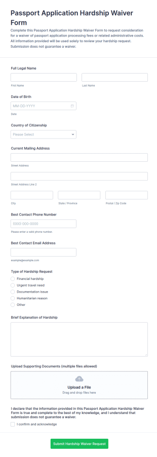 Passport Application Hardship Waiver Form Template