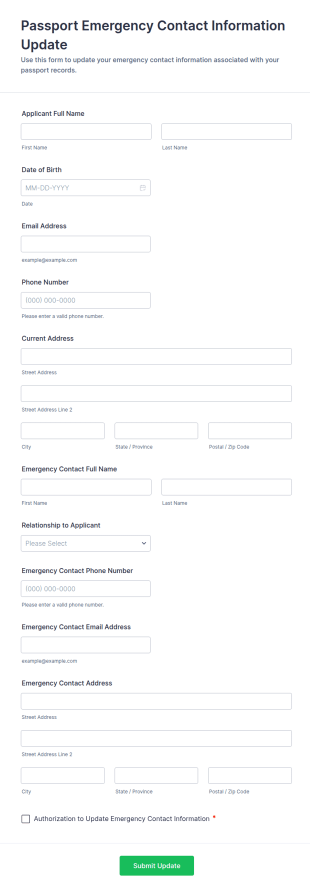 Passport Emergency Contact Information Update Form Template