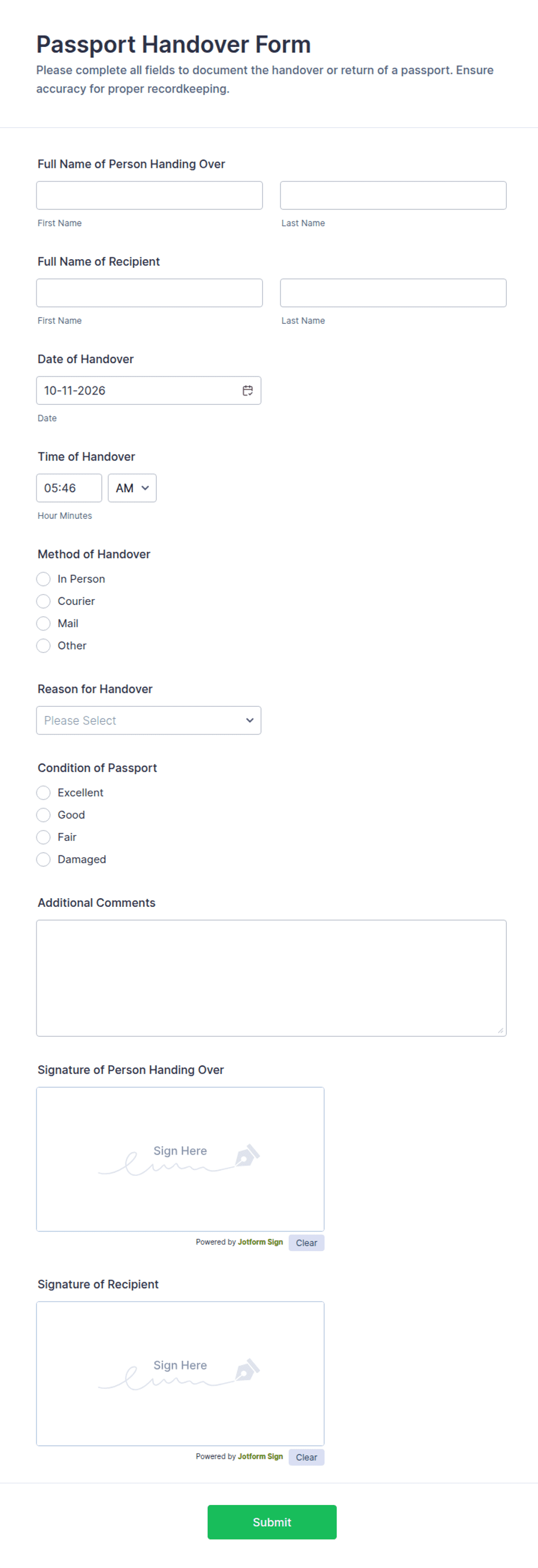 Passport Handover Form Template | Jotform