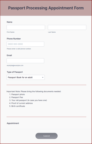 Passport Processing Appointment Form Template