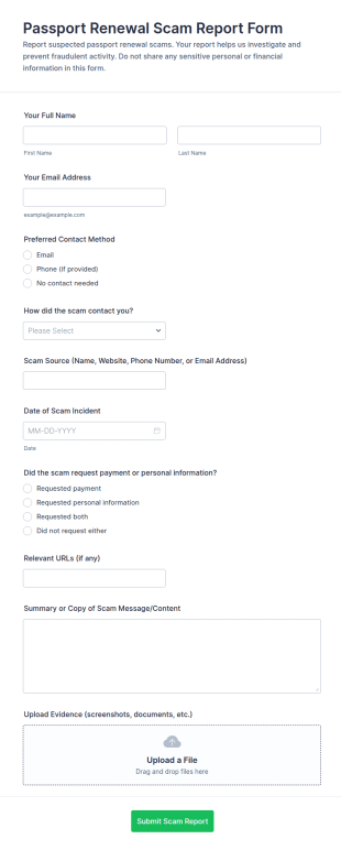 Passport Renewal Scam Report Form Template