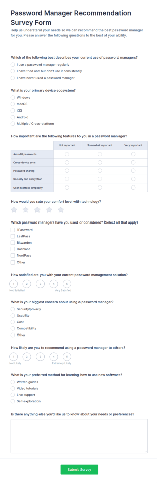 Password Manager Recommendation Survey Form Template