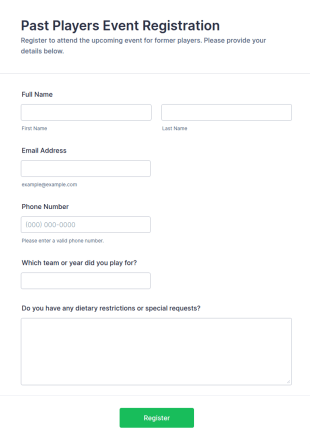 Past Players Event Registration Form Template