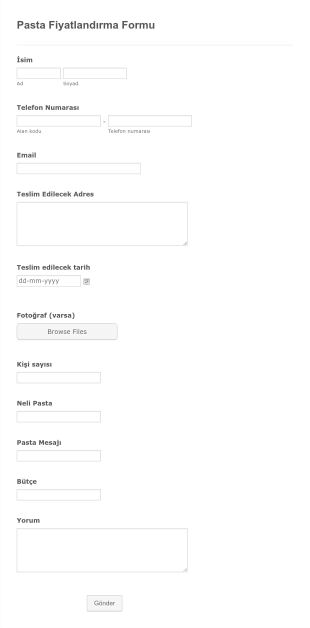 Pasta Fiyatlandırma Form Şablonu