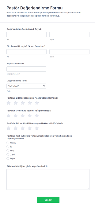 Pastör Değerlendirme Form Şablonu